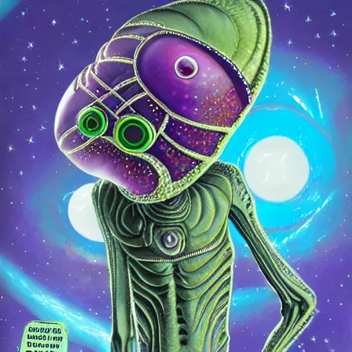 Prompt: alien with jewels for eyes, on exotic dreamy planet, jim henson creature shop, heavy metal magazine, illustration, mike mignogna