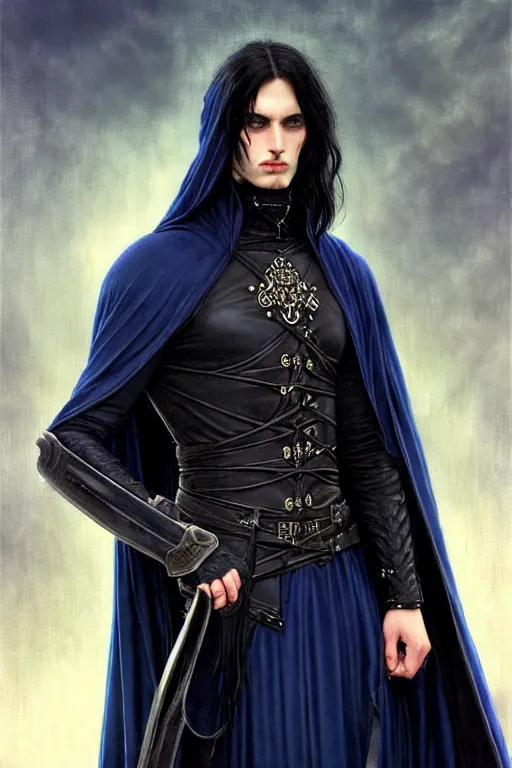 Image similar to handsome male fighting a giant, long black hair blue eyes wearing cloth mantle gothic navy cloak with leather details, cliffside town, fantasy character portrait, ultrarealistic, intricate details, elegant, cinematic lighting, highly detailed, artstation, cgsociety, sharp focus, beautiful digital painting by artgerm, gerald brom, wlop, alphonse mucha