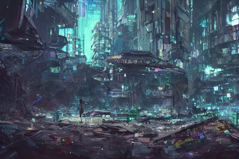 Prompt: a triangular portal structure made from crystals in the centre of an abandoned overgrown cyberpunk city, epic mysterious surrealism, digital matte painting in the style of liam wong