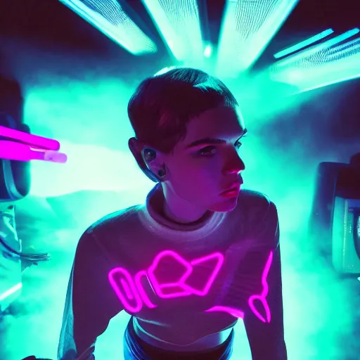 Image similar to grimes on stage djing, volumetric neon lights in the background, gleaming, 3 5 mm photography, portrait!!!!!!, trending on artstation, 4 k, 8 k, zbrush, mannerism