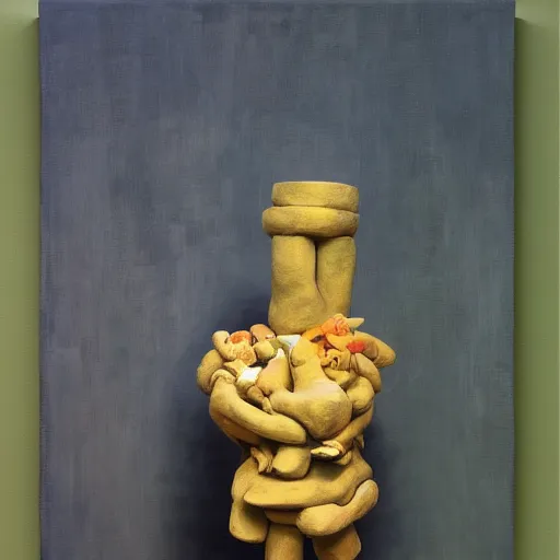 Prompt: an impasto painting by shaun tan of an abstract sculpture by the caretaker and jeff koons