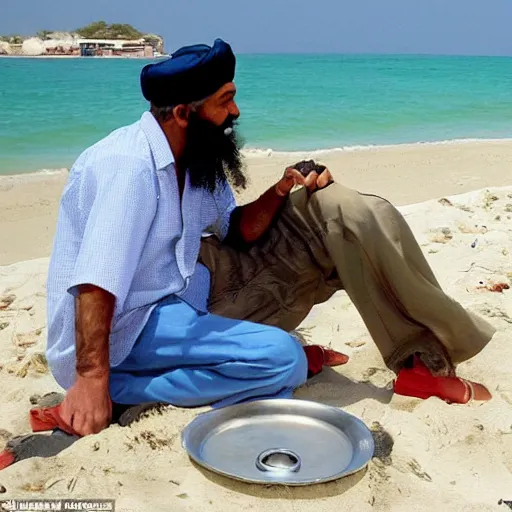 Prompt: osama bin ladan hanging out with george w bush jr hitting the bong on a beautiful sunny day on the beach in the middle of mexico