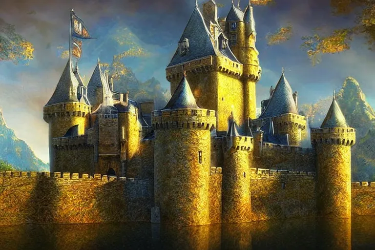 Prompt: castle, fantasy, painting, chrome, reflect, ultra realistic!!!, clear weather, golden hour, sharp focus