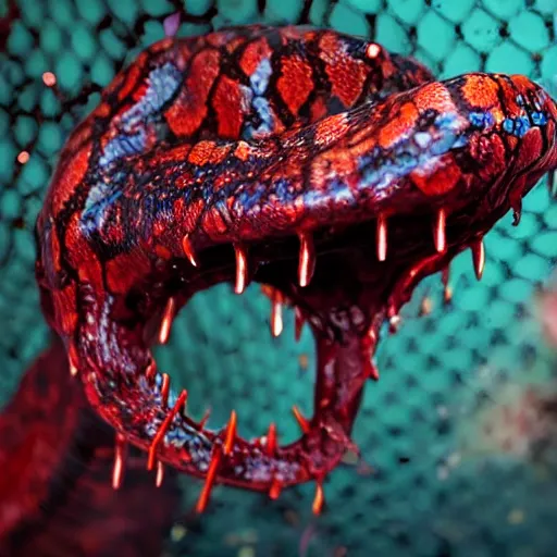 Image similar to slimy monster with long slimy textured tongue, dripping saliva, macro photo, fangs, red glowing veins, skin with snake scales, cinematic, tiny glowbugs flying everywhere, standing a swamp, flying wasps, insanely detailed, dramatic lighting