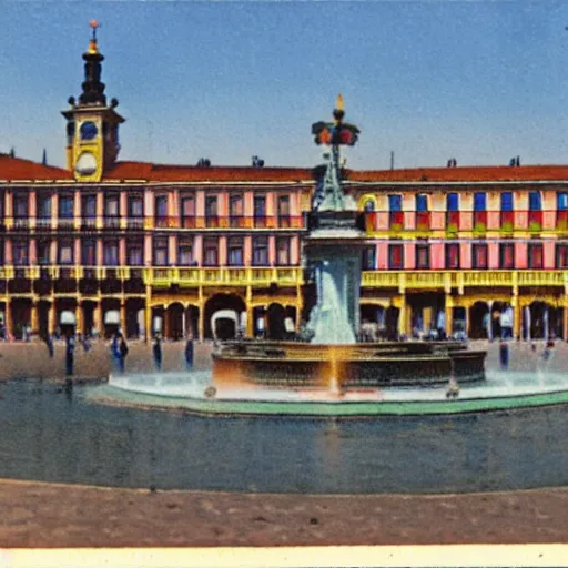 Image similar to coloured postcard of the fountain at la plaza mayor de madrid in 1 9 2 7 ; bromide real photo card with some additional hand - colouring