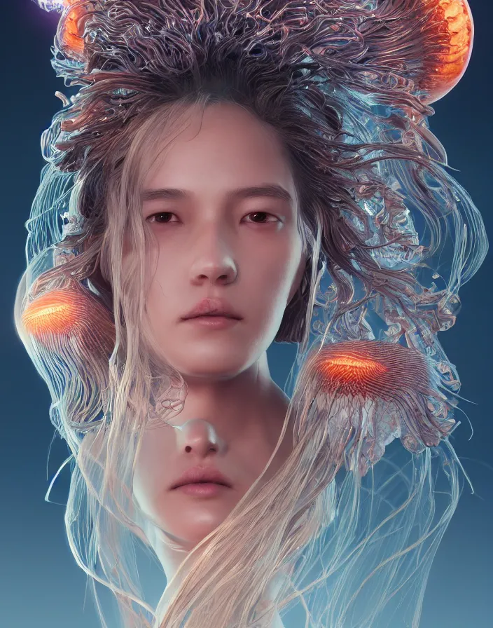 Image similar to goddess portrait. jellyfish phoenix head. intricate artwork by Tooth Wu and wlop and beeple. octane render, trending on artstation, greg rutkowski very coherent symmetrical artwork. cinematic, hyper realism, high detail, octane render, 8k