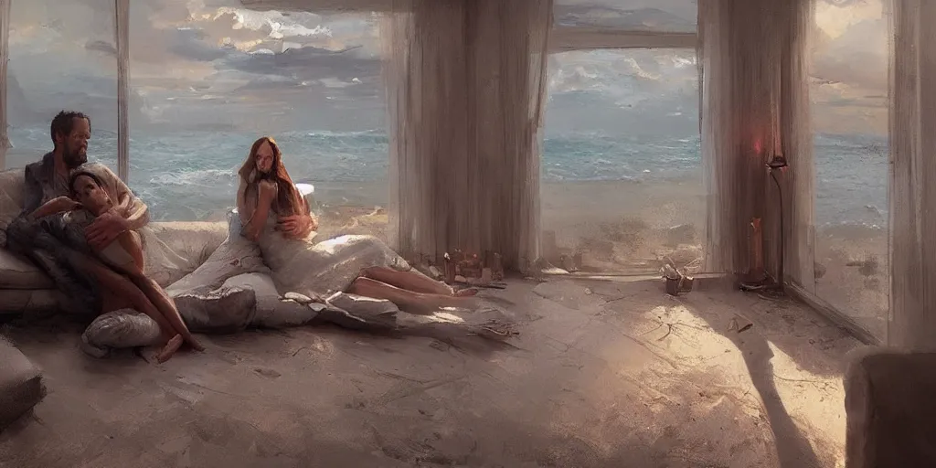 Image similar to a man cuddling his wife in their house by the beach, by greg rutkowski, trending on artstation