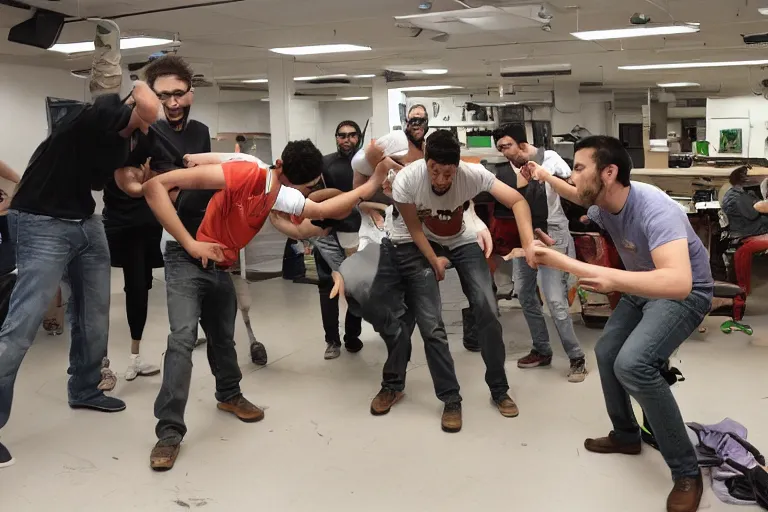 Image similar to a group of software engineers battle a giant Tabasco bottle