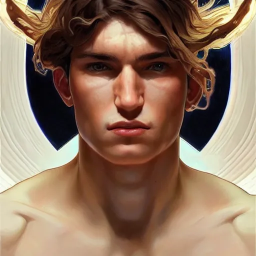 Prompt: character concept, portrait, symmetrical head - on centralized, young man with strong body. detailed, high quality, dynamic lightning, fantasy, scenematic. artwork by artgerm, wlop, alex ross, greg rutknowski, alphonse mucha