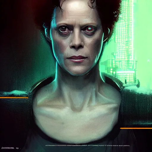 Image similar to sigourney weaver as molly millions, neuromancer, a young beautiful woman, mirror eye implants, cyberpunk, high detail, dramatic light, digital art, dark, promotional art painted by seb mckinnon and greg rutkowski, trending on artstation