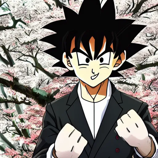 Image similar to highly detailed photo of goku wearing black tuxedo standing in front of sakura trees, anime concept art, symmetrical face, smiling, clear nose, highly detailed, 8 k