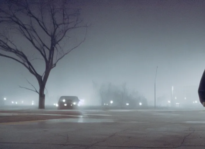 Image similar to cinematic screenshot wide shot of octavia spencer in a foggy abandoned sears parking lot, paranoia everywhere, screenshot from the tense thriller film ( 2 0 0 1 ) directed by spike jonze, volumetric hazy lighting, moody cinematography, 3 5 mm kodak color stock, 2 4 mm lens, ecktochrome