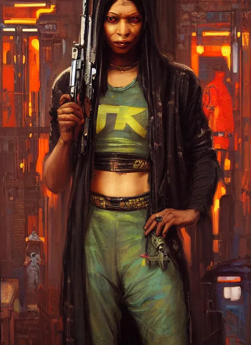 Prompt: Crazy Chidi. Wild Nigerian cyberpunk assassin wearing a jumpsuit. (Cyberpunk 2077, bladerunner 2049). Iranian orientalist portrait by john william waterhouse and Edwin Longsden Long and Theodore Ralli and Nasreddine Dinet, oil on canvas. Cinematic, vivid colors, hyper realism, realistic proportions, dramatic lighting, high detail 4k