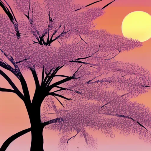 Prompt: birds on cherry tree, serene, graceful, sunset at golden hour, digital painting, Dada