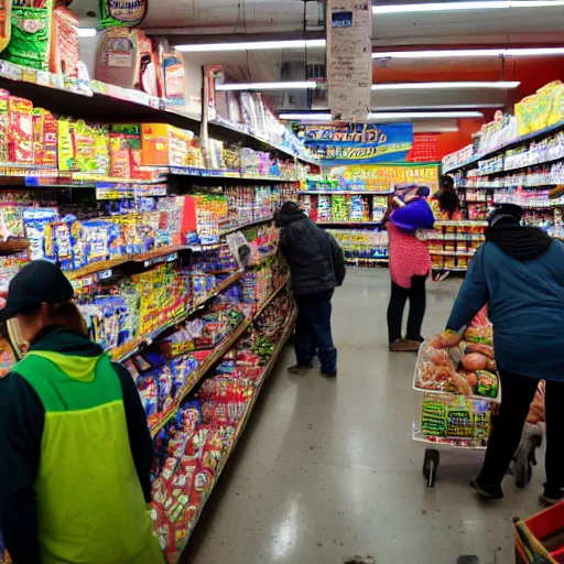 Image similar to crowded bodega filled with groceries, produce, cans, soda, lottery tickets, people and cigarettes with Hispanic customers and workers.