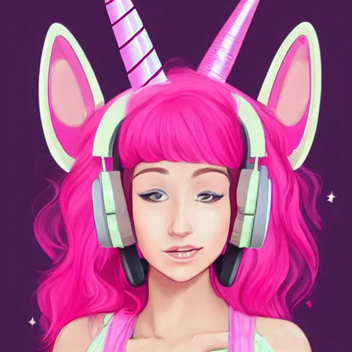 Prompt: very very very beautiful pink gamer girl wearing headphones with a unicorn horn coming out of her head standing in a pink girls room, full body portrait, eye contact, smiling, perfect face, perfect body, extreme long shot, drawn by artgerm