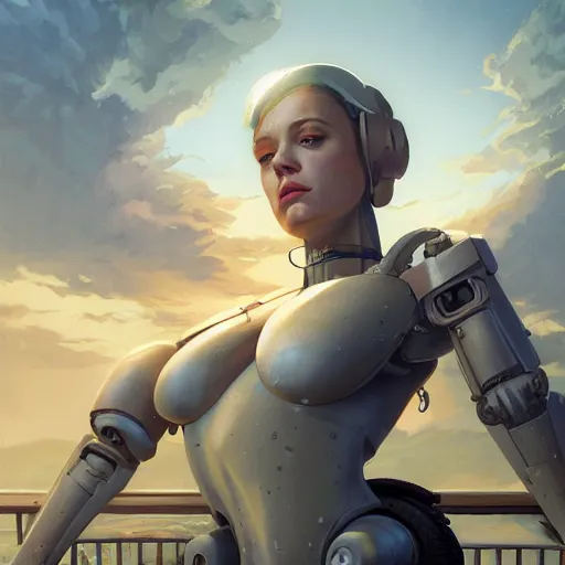 Image similar to highly detailed upper body portrait christina hendricks robot in gta v, stephen bliss, unreal engine, fantasy art by greg rutkowski, loish, rhads, ferdinand knab, makoto shinkai and lois van baarle, ilya kuvshinov, rossdraws, tom bagshaw, global illumination, radiant light, detailed and intricate environment