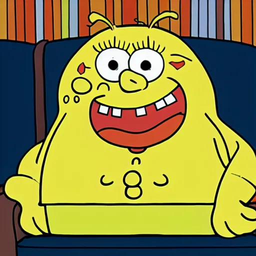 Prompt: an alcoholic obese spongebob sitting on a couch, very detailed skin, depressive.