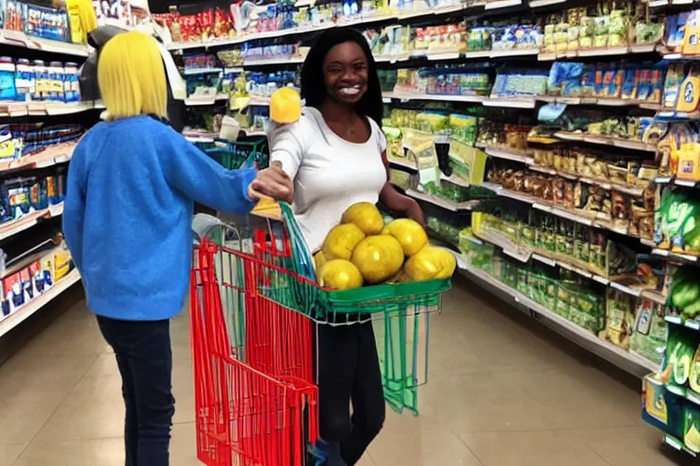 Image similar to a real life finn from adventure time shopping for groceries