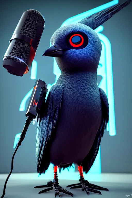 Image similar to high quality 3 d render very cute cyborg crow! sings into microphone!!, cyberpunk highly detailed, unreal engine cinematic smooth, in the style of blade runner & detective pikachu, hannah yata charlie immer, moody light, low angle, uhd 8 k, sharp focus