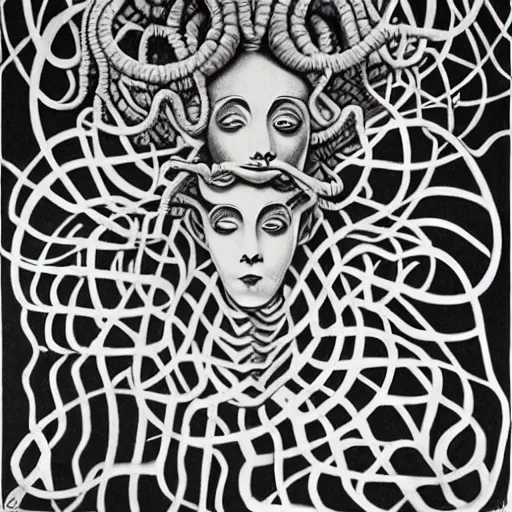 Image similar to Medusa by M.C. Escher, black and white stencil