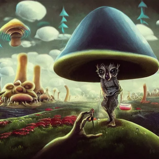 Image similar to a centered chest up portrait of a psychedelic demonic anthropomorphic badger smoking a hand - rolled cigarette smoking heavily, magic mushroom village in background. award winning. superb resolution. in the art style of junji ito and greg rutkowski. detailed mushroom city in background. hyper realistic anime. perfect art. dalle 2