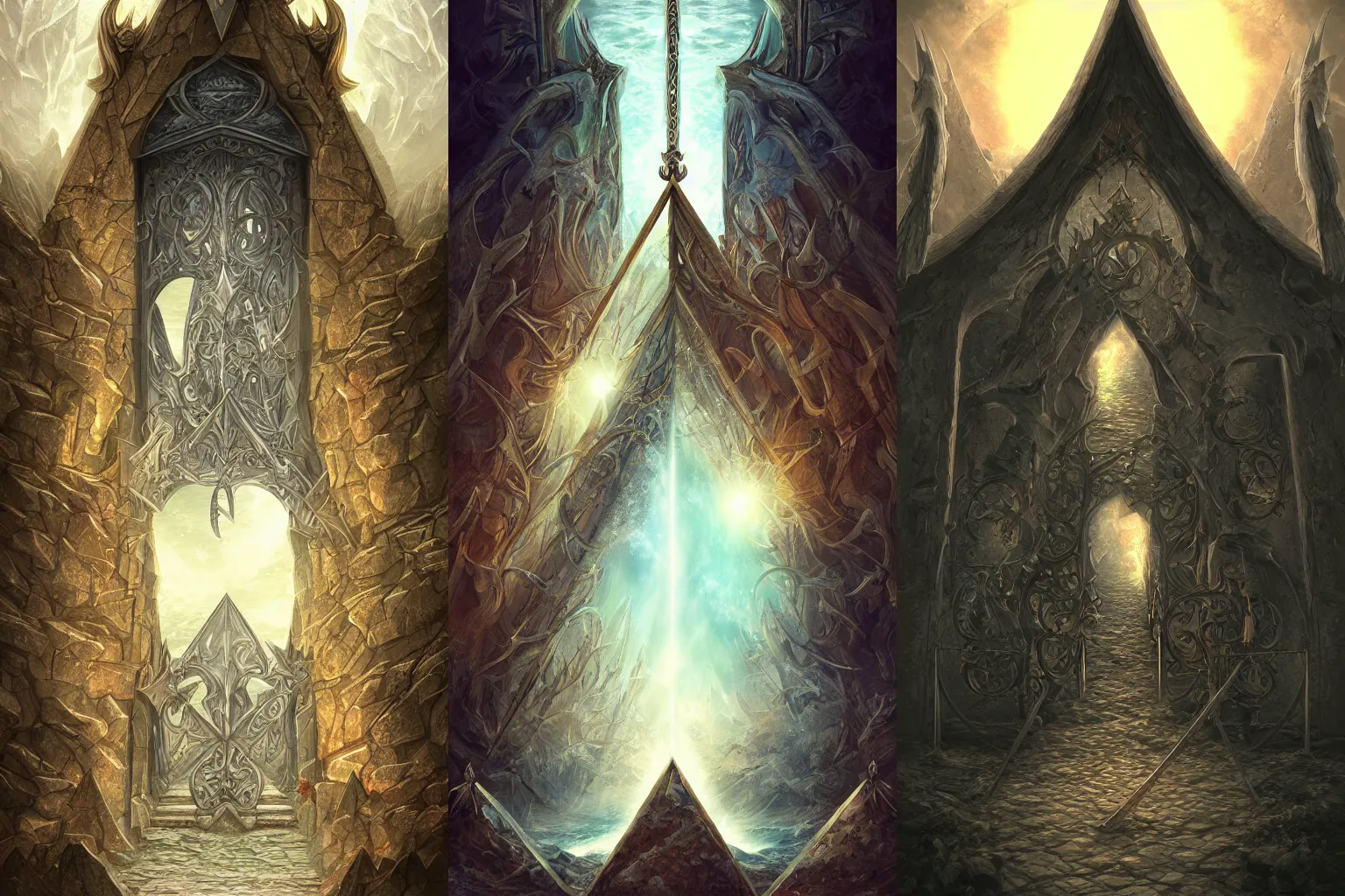 Prompt: the gate to the eternal kingdom of triangles, fantasy, digital art, hd, detailed.