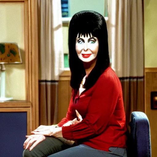 Image similar to Elvira sitting next to Mr. Rogers 8k hdr