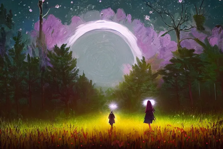 Image similar to giant daisy flower head, girl walking in a moonlit forest, hills, surreal photography, dark night, star trails, dramatic light, impressionist painting, clouds, digital painting, artstation, simon stalenhag