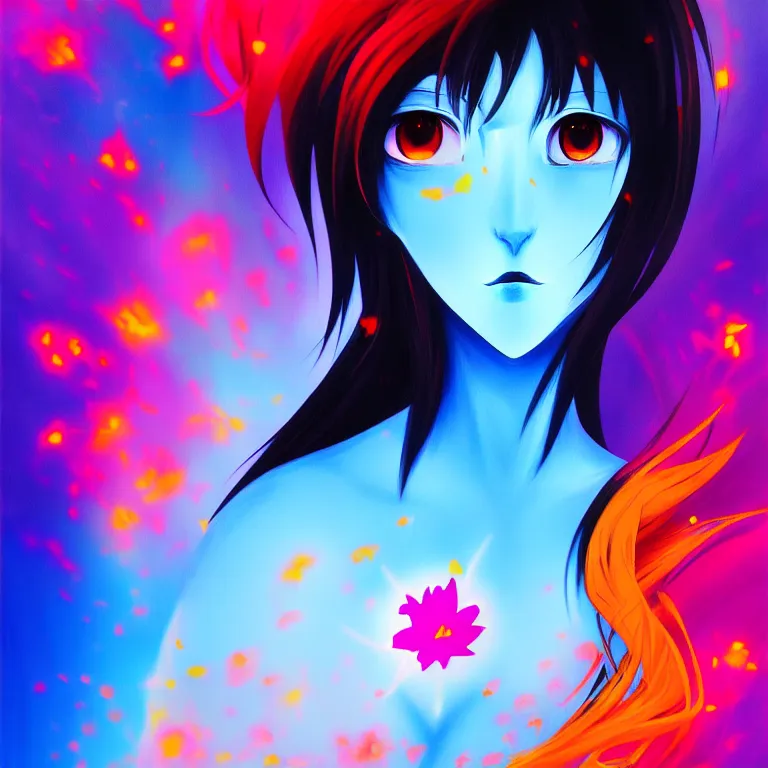 Prompt: abstract expressionism painting of a stunning anime goddess of light + blue eyes + blak glowing flowers, colorful atoms, misty, artwork by [ xsullo ]. trending on artstation
