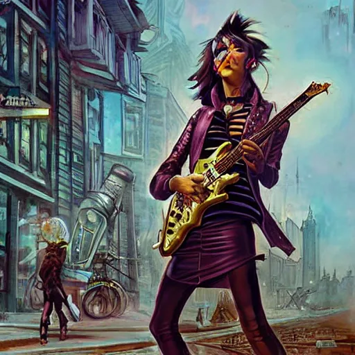 Image similar to Punk girl playing electric guitar in a steampunk city, concept art, by James Gurney and Moebius