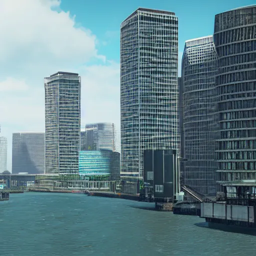 Prompt: canary wharf, screenshot from 2 0 2 8 pc vr game, unreal engine, max graphics settings, 8 k uhd