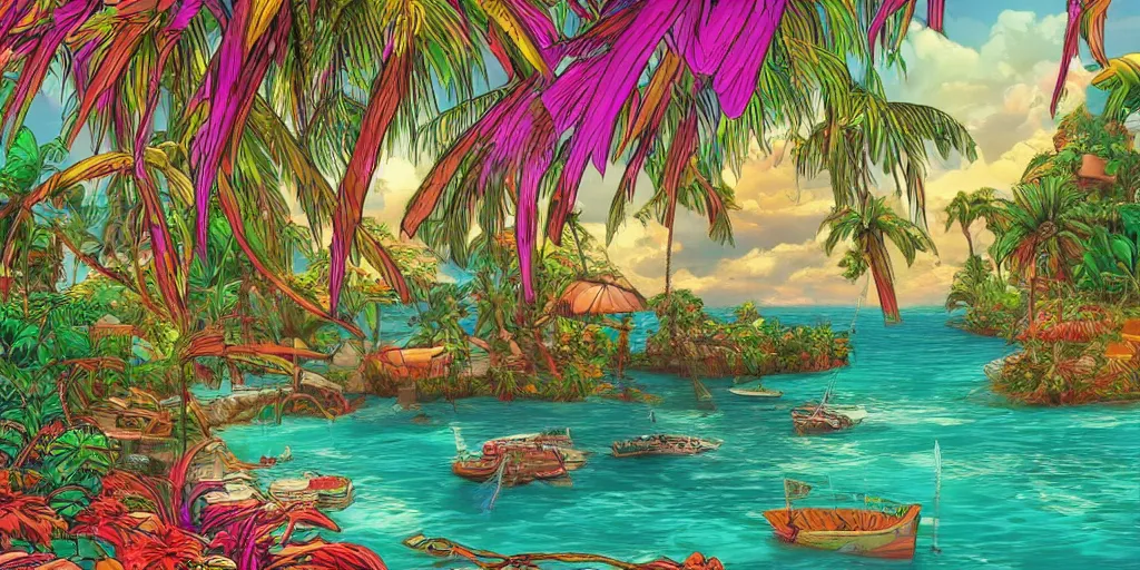 Prompt: tropical island, 8 k, high resolution, detailed drawing, beautiful hd, art nouveau, concept art, colourful, in the style of vadym meller