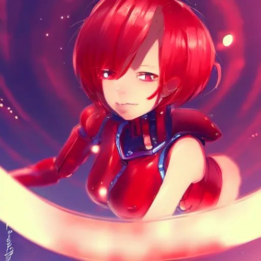 Image similar to digital anime art, very small cute girl on a large table, red mech arms and red mech legs, blue watery eyes!!!, short gold hair!!!, red bikini, full body!!!, wlop, rossdraws
