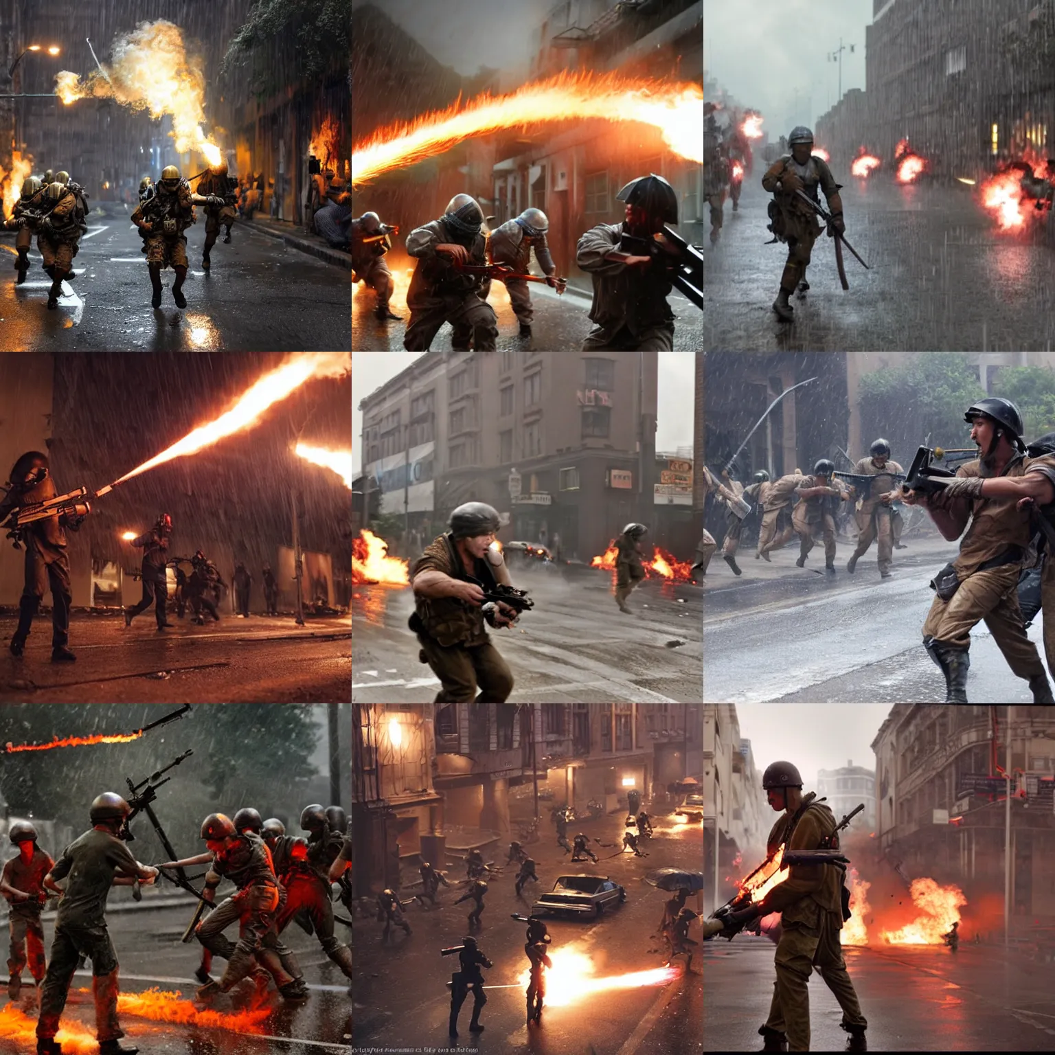 Prompt: street by street fighting intense combat between flamethrower troops and ragged barbarians in the rain cinematic