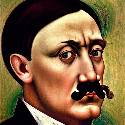 Prompt: Facial portrait. Adolf Hitler, looking at the camera, happy. awe inspiring mood, uplifting, extremely detailed painting. by Botticelli, Michelangelo and Leonardo da Vinci.