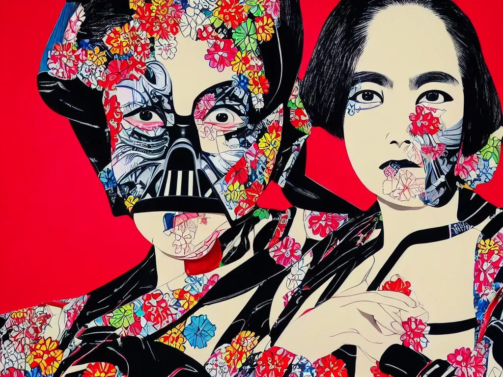 Image similar to hyperrealism composition of the detailed woman in a japanese kimono sitting at an extremely detailed poker table with darth vader, fireworks on the background, pop - art style, jacky tsai style, andy warhol style, acrylic on canvas