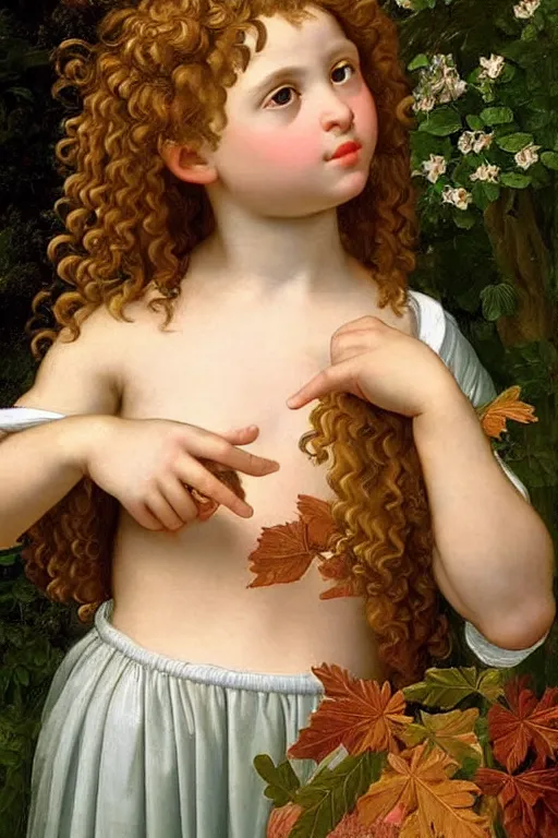 Image similar to renaissance painting of young girl in the garden, closeup, curly long hair, face closeup, emotions closeup, dressed in roman armour, the beautiful garden with maple leaves everywhere, ultra detailed, art by guido reni style, vincenzo catena style