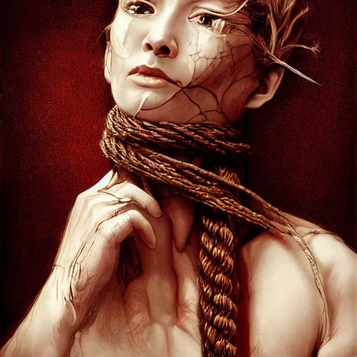 Image similar to portrait of a Shibari rope wrapped face and neck, headshot, insanely nice professional hair style, dramatic hair color, digital painting, of a old 13th century, traveler, amber jewels, baroque, ornate clothing, scifi, realistic, hyperdetailed, chiaroscuro, concept art, art by Franz Hals and Jon Foster and Ayami Kojima and Amano and Karol Bak,