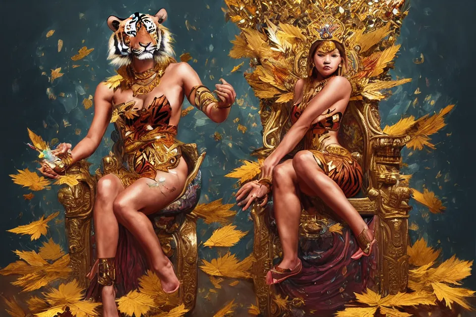 Image similar to painting of a beatiful tiger - woman on a throne, throne is spangled with gold and leaves, majestic, powerfull, by james jean and by artgerm, ultradetailed, realistic, oil painting, trending on artstation, 4 k