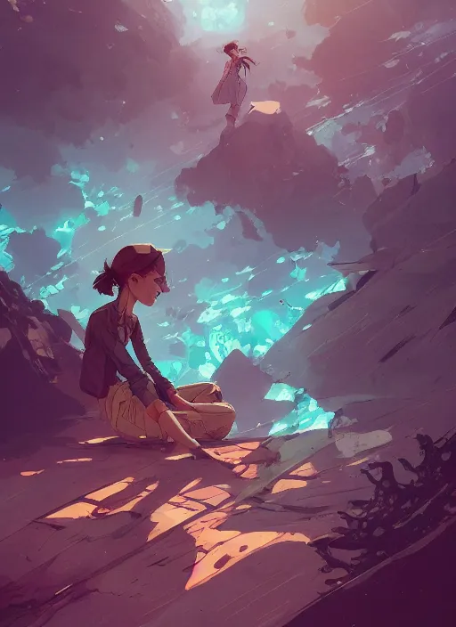 Image similar to overwhelmed with floating thoughts behance hd artstation by jesper ejsing, by rhads, makoto shinkai and lois van baarle, ilya kuvshinov, ossdraws, that looks like it is from borderlands and by feng zhu and loish and laurie greasley, victo ngai, andreas rocha