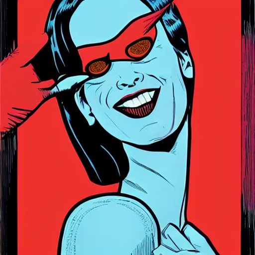 Image similar to Mike Allred comic art, stunning female Eva Green, spy, eye patch over left eye, evil smile, symmetrical face, symmetrical eyes, tailored clothing, long straight black hair, full body, Winter night