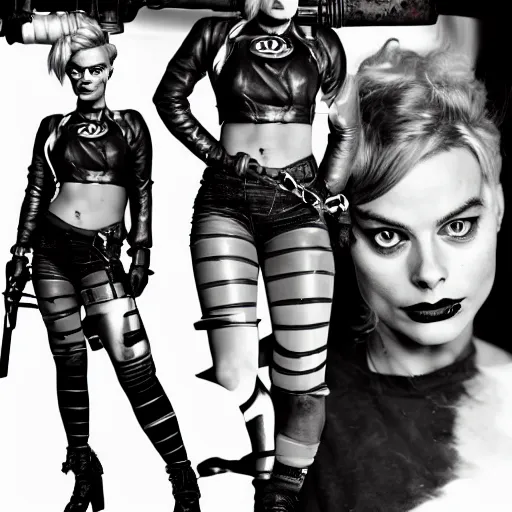 Image similar to margot robbie as tank girl, ultra detailed, concept art in the style of 2 0 0 0 ad, fun pose, wild eyes, front and back, big hammer, 4 k