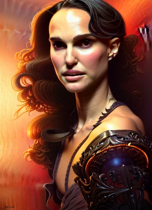 Image similar to portrait of natalie portman, volumetric lights, feast, music notes, art nouveau botanicals, gothic, intricate, highly detailed, digital painting, artstation, concept art, smooth, sharp focus, symmetric face, illustration, steampunk, art by artgerm and greg rutkowski and alphonse mucha