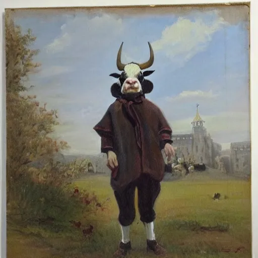 Prompt: painting by zorn, cow, dressed, anthropomorphic!!, wearing!!! clothes!!!, standing next to royal castle!!!