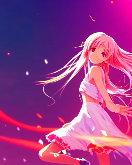 Image similar to anime style, vivid, expressive, full body, 4 k, a cute girl with white skin and long pink wavy hair humming a song, stunning, realistic light and shadow effects, centered, simple background, studio ghibly makoto shinkai yuji yamaguchi