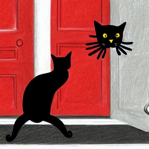 Prompt: a drawing of a black cat clinging to a white door frame about to pounce on a passing human, hyper eyes