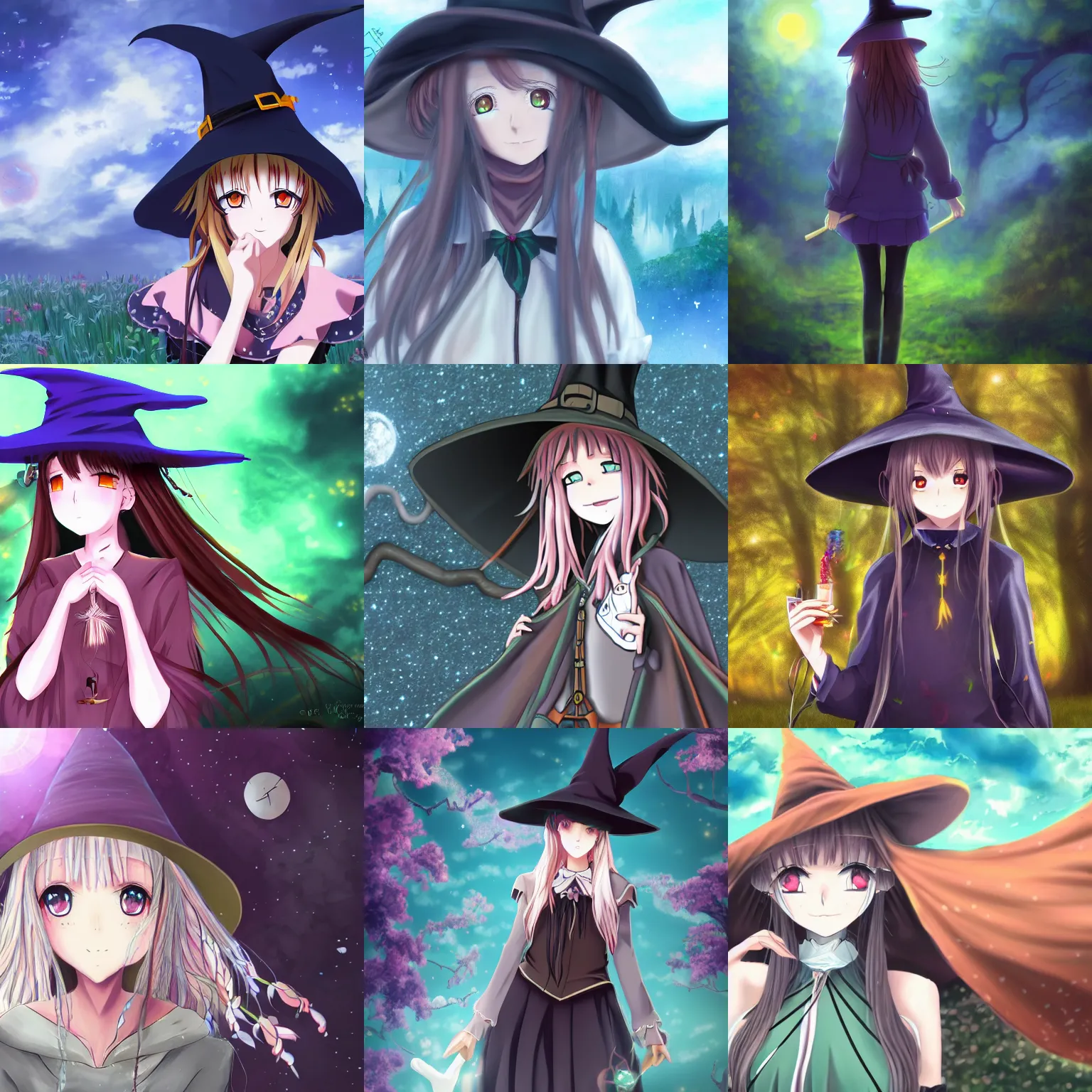 Prompt: scientific witchery, anime art, 4 k, nature, girl in witch hat