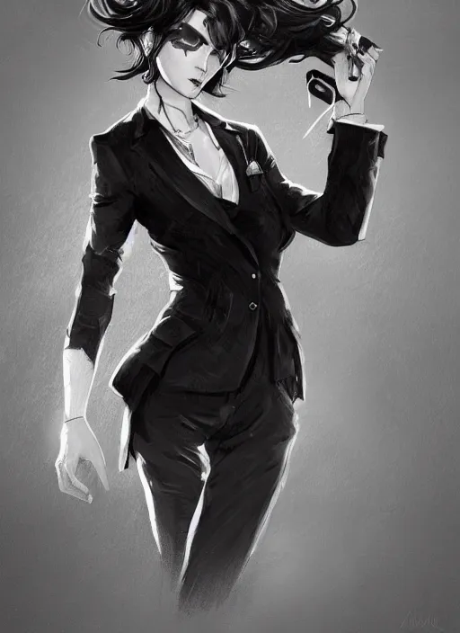 Image similar to a highly detailed illustration of beautiful short black messy haired woman wearing eyepatch and noir style suit and tie, dramatic smiling pose, intricate, elegant, highly detailed, centered, digital painting, artstation, concept art, smooth, sharp focus, league of legends concept art, WLOP