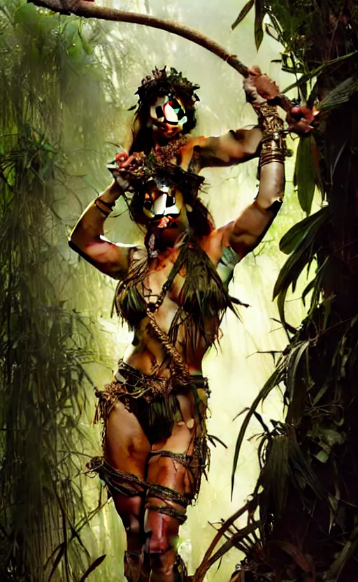 Image similar to tia carrere as jungle queen, gorgeous lighting by weta studio, mucha, bautista and norman rockwell and greg rutkowski and tom bagshaw and james gurney and lucasfilm